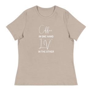 KIMMIEBBAGS Coffee in one hand, Women's Relaxed T-Shirt